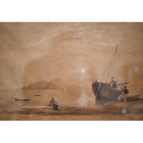 385 - Three 19th century watercolours - East Coast barge, 11.5 x 21.5 cm; Beach scene, fishing boats, 24 x... 