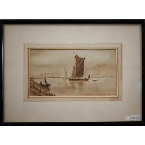 385 - Three 19th century watercolours - East Coast barge, 11.5 x 21.5 cm; Beach scene, fishing boats, 24 x... 