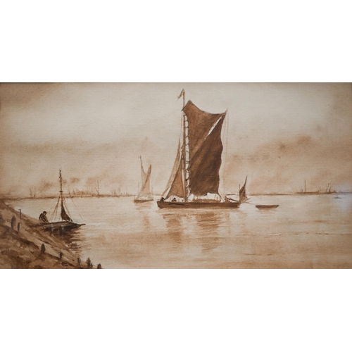 385 - Three 19th century watercolours - East Coast barge, 11.5 x 21.5 cm; Beach scene, fishing boats, 24 x... 