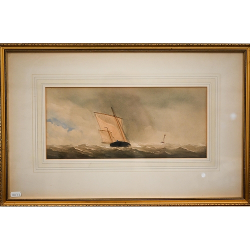 385 - Three 19th century watercolours - East Coast barge, 11.5 x 21.5 cm; Beach scene, fishing boats, 24 x... 