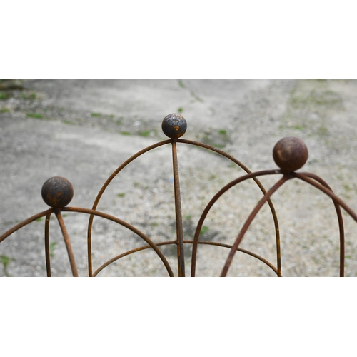 39 - A trio of weathered steel ball head obelisks, approx. 150 cm h x 33 cm dia (3)