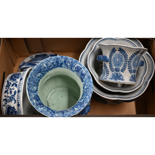 405 - A graduated set of three blue and white ceramic cache-pots to/w a jardiniere and a pie-dish and cove... 