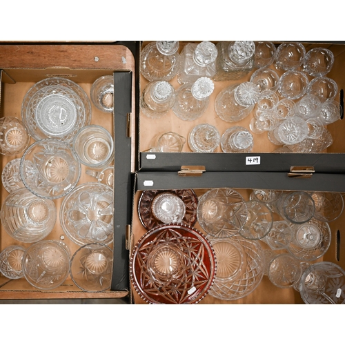 419 - Three boxes of cut and moulded glassware including decanters, drinking glasses, vases, bowls etc (3)