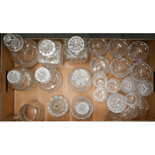 419 - Three boxes of cut and moulded glassware including decanters, drinking glasses, vases, bowls etc (3)