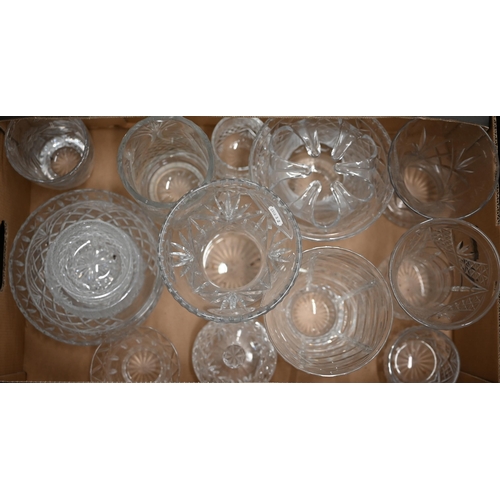 419 - Three boxes of cut and moulded glassware including decanters, drinking glasses, vases, bowls etc (3)