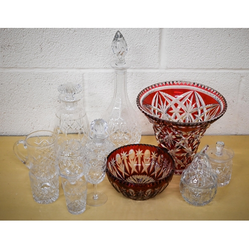 419 - Three boxes of cut and moulded glassware including decanters, drinking glasses, vases, bowls etc (3)