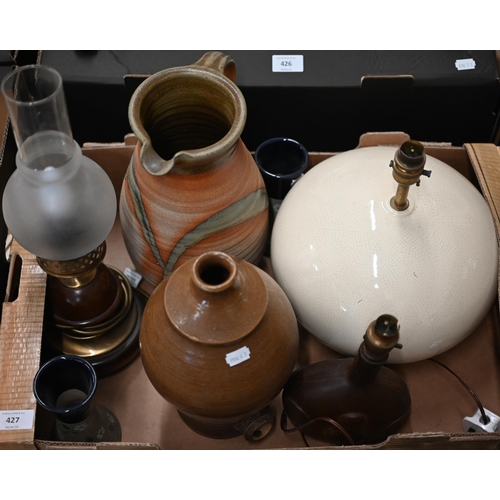 427 - Three various table lamps, a studio pottery vase and large jug and a pair of spill vases (box)