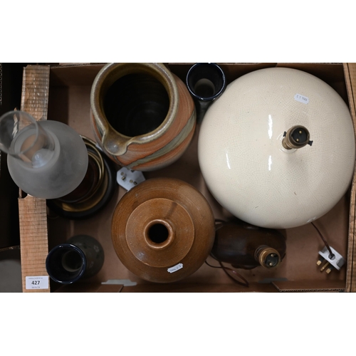 427 - Three various table lamps, a studio pottery vase and large jug and a pair of spill vases (box)