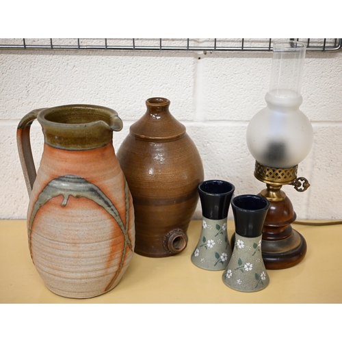 427 - Three various table lamps, a studio pottery vase and large jug and a pair of spill vases (box)