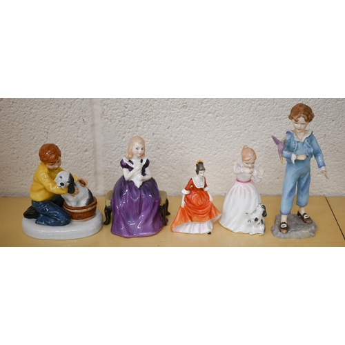 459 - Five Royal Doulton figures and groups to/w two Royal Worcester figures, a Coalport figure, Goebel's ... 