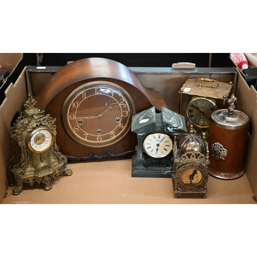 469 - An oak three-train mantel clock and four other clocks etc (box)