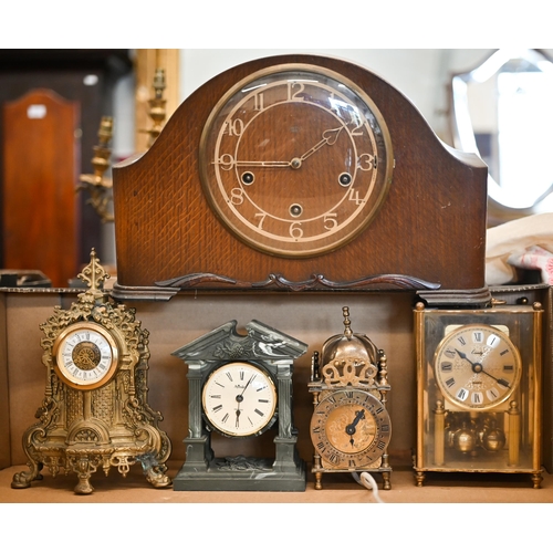 469 - An oak three-train mantel clock and four other clocks etc (box)