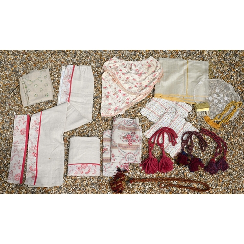 482 - Various curtain fabrics, corded tie-backs, floral-embroidered linen panel (unfinished) etc (box)