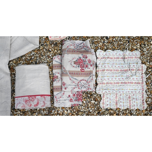 482 - Various curtain fabrics, corded tie-backs, floral-embroidered linen panel (unfinished) etc (box)