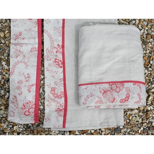 482 - Various curtain fabrics, corded tie-backs, floral-embroidered linen panel (unfinished) etc (box)