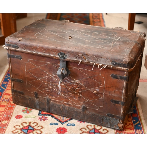 486 - An antique leather carriage trunk with stitched decoration and metal binding, 69 x 44 x 44 cm