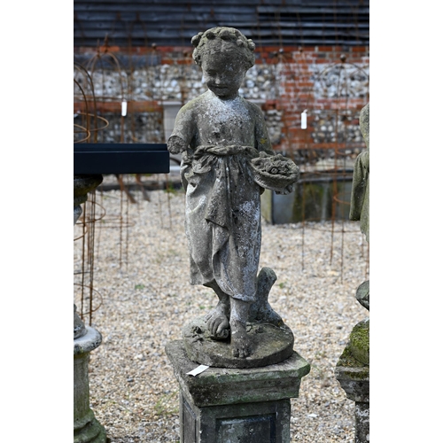 5 - A companion pair of old weathered cast stone garden statues, raised on three piece plinths, displayi... 