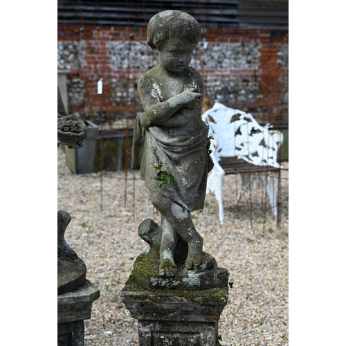 5 - A companion pair of old weathered cast stone garden statues, raised on three piece plinths, displayi... 