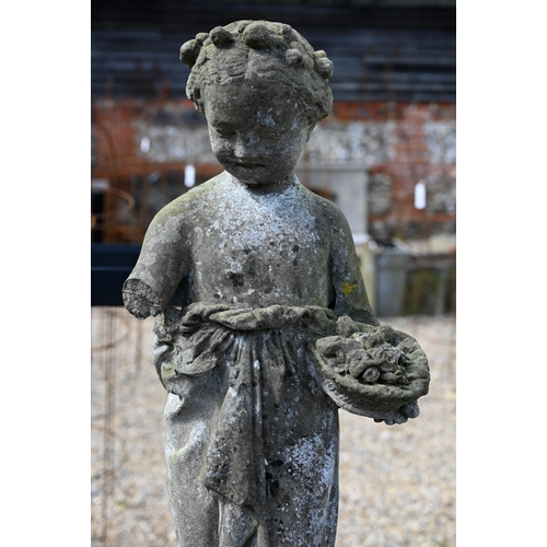 5 - A companion pair of old weathered cast stone garden statues, raised on three piece plinths, displayi... 