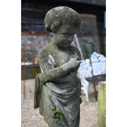 5 - A companion pair of old weathered cast stone garden statues, raised on three piece plinths, displayi... 