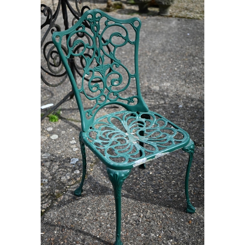 62 - A Victorian style green painted cast alloy terrace set comprising four chairs and a circular table (... 