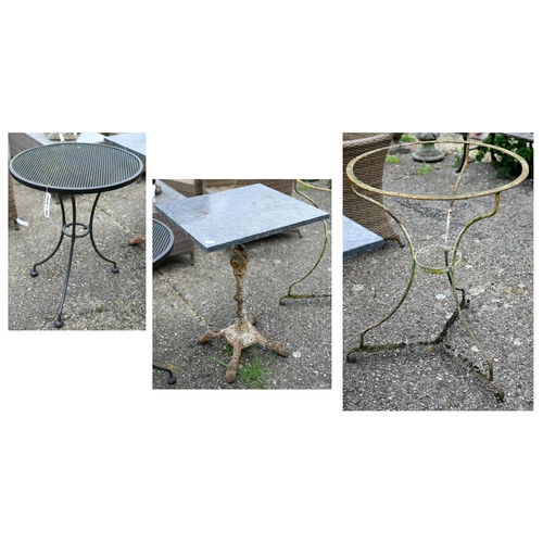 69 - An old cast iron garden table base with associated composite square top to/with an old weathered cir... 