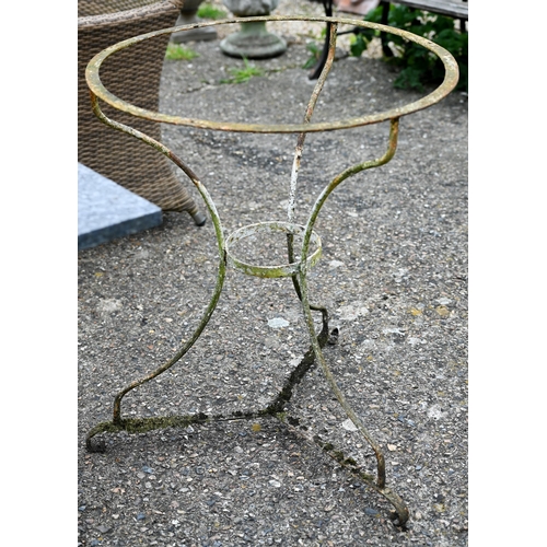 69 - An old cast iron garden table base with associated composite square top to/with an old weathered cir... 