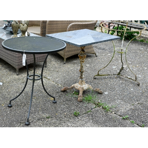 69 - An old cast iron garden table base with associated composite square top to/with an old weathered cir... 