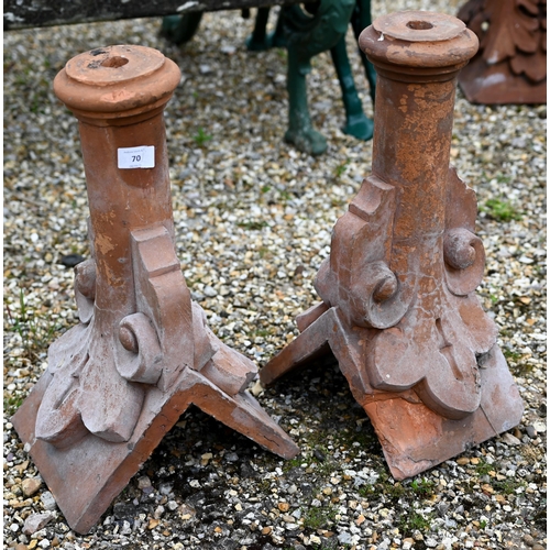 70 - A pair of old weathered terracotta finial ridge tiles, by Blanchard & Co, 46 cm h (2)