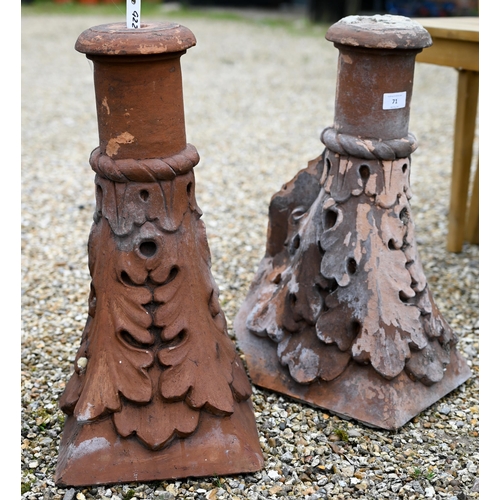 71 - A pair of old weathered terracotta finial ridge tiles by Blanchard & Co, 53 cm h (2)