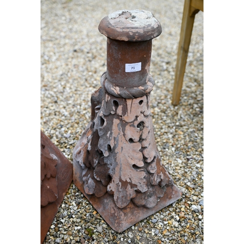 71 - A pair of old weathered terracotta finial ridge tiles by Blanchard & Co, 53 cm h (2)