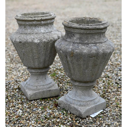 72 - A pair of weathered cast stone garden vase planters, 45 cm h (2)