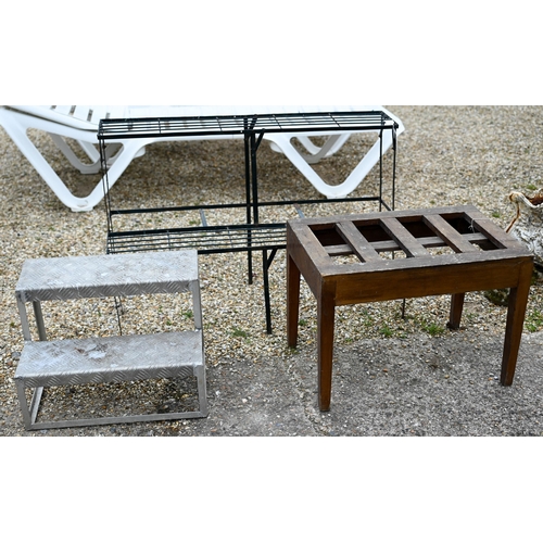 75 - A vintage wooden luggage stand to/with a two tier metal plant stand and a galvanised two tread carav... 