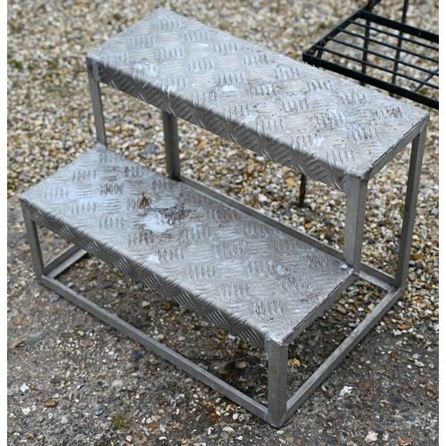 75 - A vintage wooden luggage stand to/with a two tier metal plant stand and a galvanised two tread carav... 