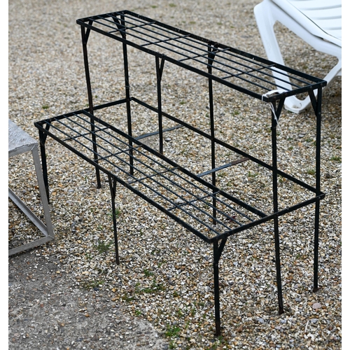 75 - A vintage wooden luggage stand to/with a two tier metal plant stand and a galvanised two tread carav... 