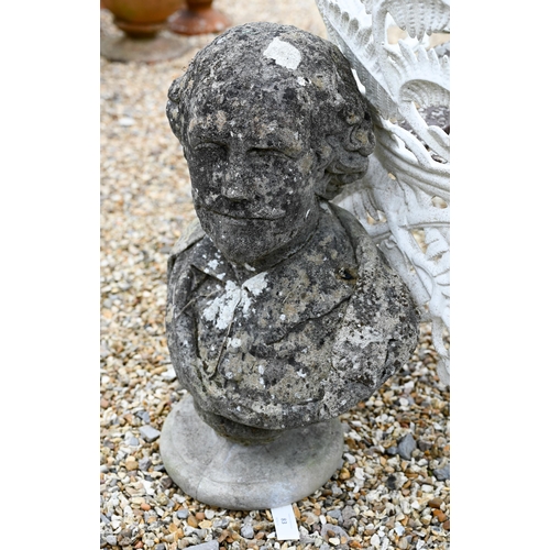 83 - An old weathered composite cast bust of a gentleman, 45 cm h with associated base