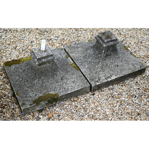 87 - A pair of old weathered square tapering plinths, 46 cm x 46 cm x 26 cm h