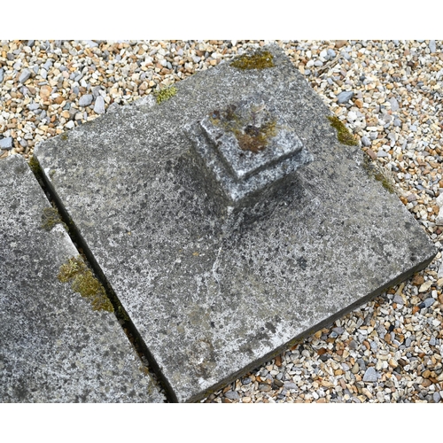 87 - A pair of old weathered square tapering plinths, 46 cm x 46 cm x 26 cm h