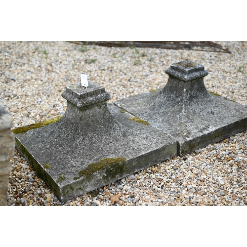 87 - A pair of old weathered square tapering plinths, 46 cm x 46 cm x 26 cm h