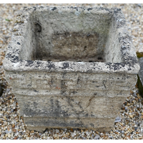 88 - A large square 'Greek key' cast planter to/w a stout Corinthian style column, broken in two (2)... 