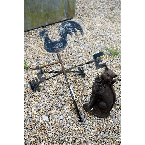 90 - A steel cockerel surmounted wind vane to/with a cast iron 'cat' doorstop (2)