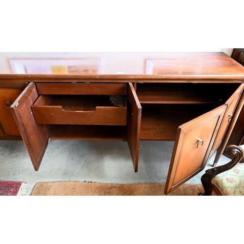 199 - A mid-century teak sideboard with panelled cupboards enclosing shelves and drawers, 206  46 x 8... 