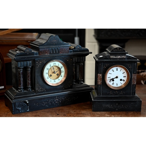 250 - # Two late 19th/early 20th century architectural form slate and marble mantel clocks (a/f)