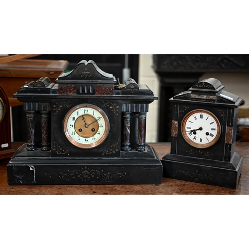 250 - # Two late 19th/early 20th century architectural form slate and marble mantel clocks (a/f)