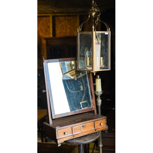 272 - # A 19th century platform toilet mirror with three drawers to/w a brass and glass hexagonal pendant ... 