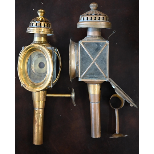 292 - A pair of antique brass and glass coach lamps with original brackets, 42 cm