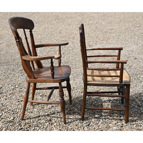 318 - A beech and elm elbow chair to/w a rush-seated elbow chair (2)