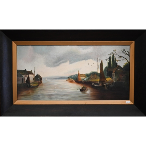 391 - A 19th century Continental river view with figure in rowing boat, signed with initials lower right, ... 