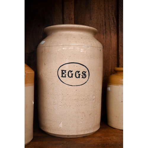 437 - Six various stoneware flagon jars, including one for 'Eggs' (6)