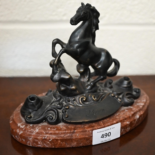 490 - A small bronzed horse on marble base, impressed 'Mene', 15 cm high